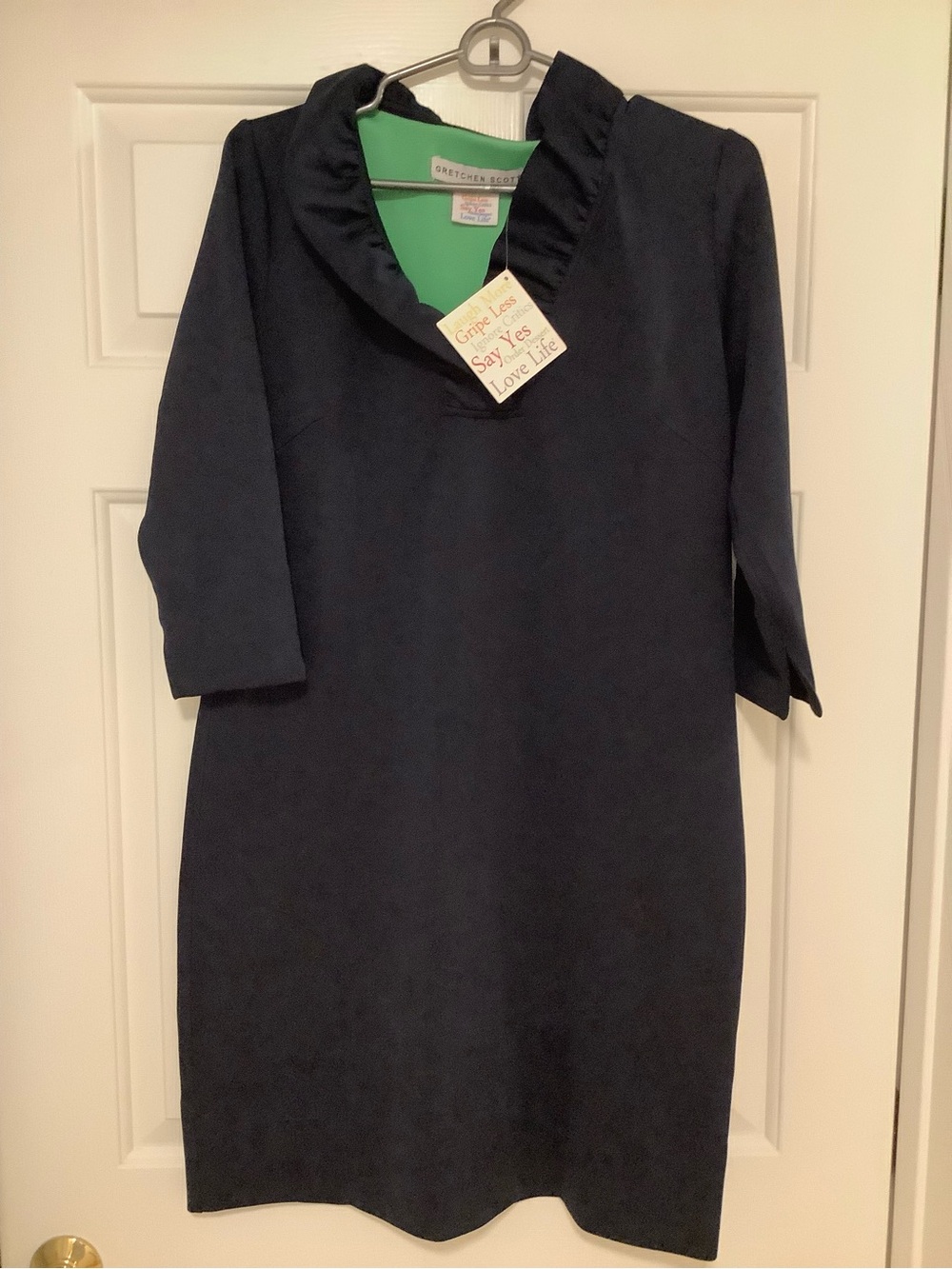 Gretchen Scott Navy Ruffneck dress with Mint Green Lining
